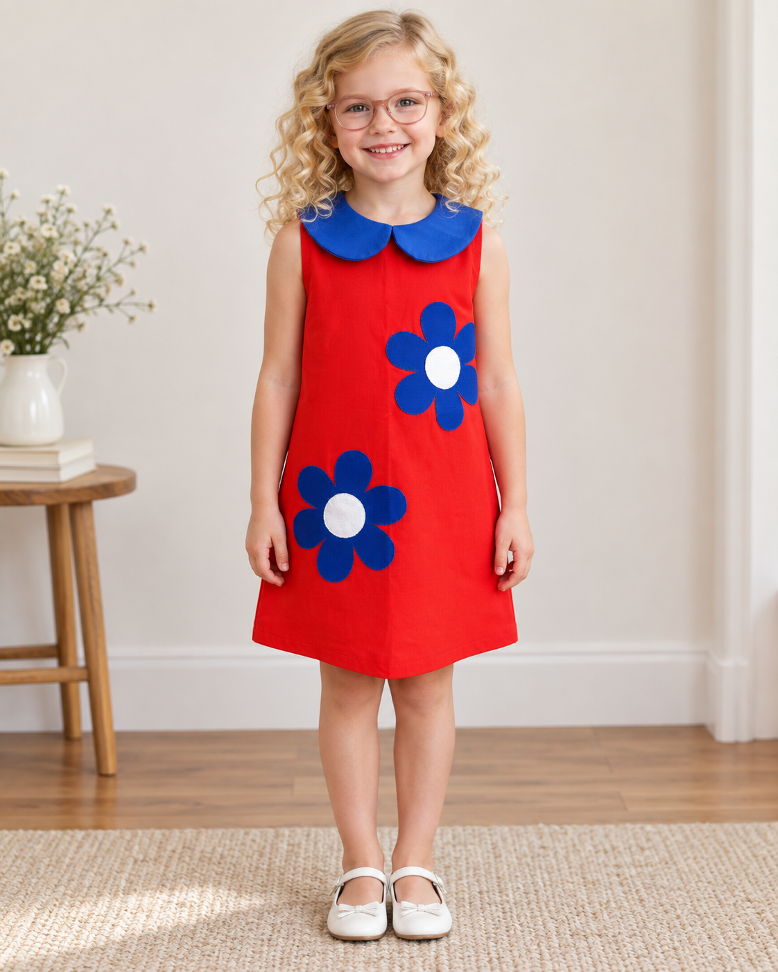 Vestido Infantil Vermelho Flores Azuis | Lili Picolé