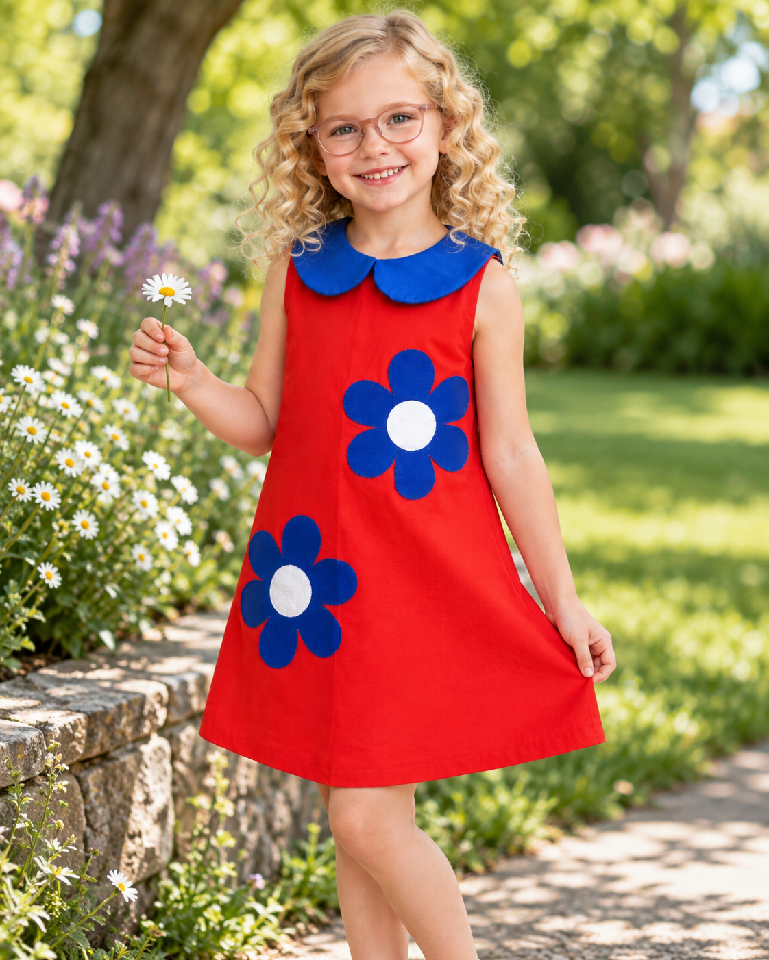 Vestido Infantil Vermelho Flores Azuis | Lili Picolé