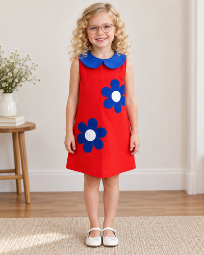 Vestido Infantil Vermelho Flores Azuis | Lili Picolé
