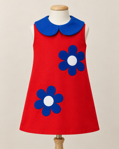 Vestido Infantil Vermelho Flores Azuis | Lili Picolé