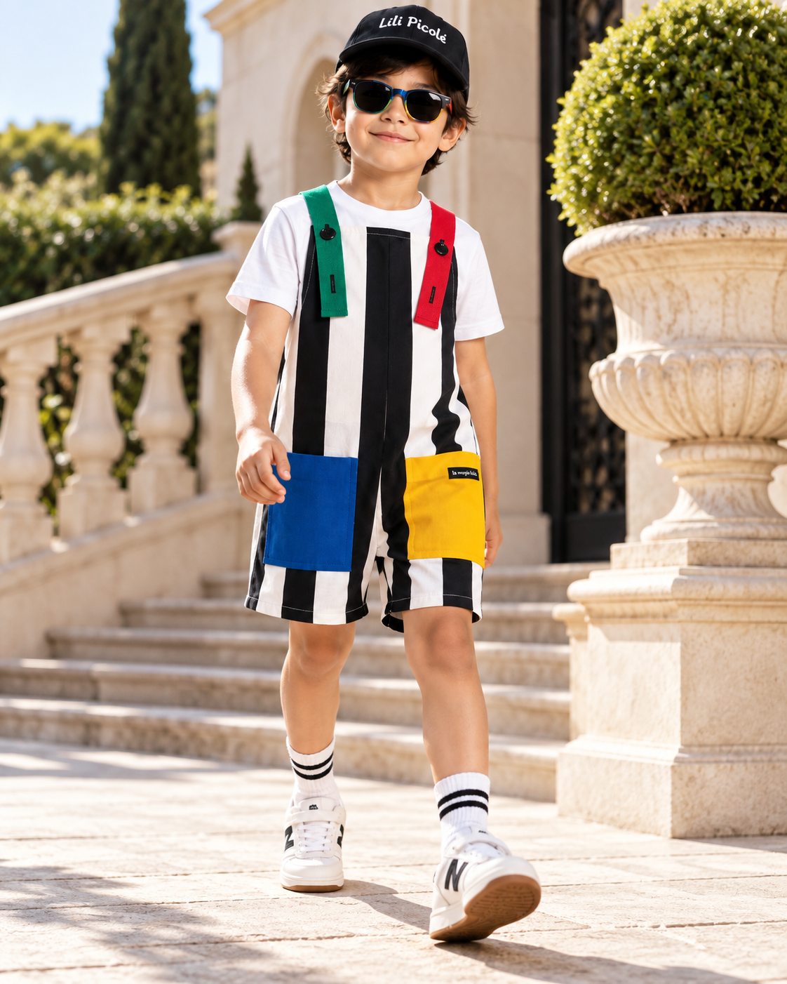 Jardineira Infantil Multicolorida Listras Pretas