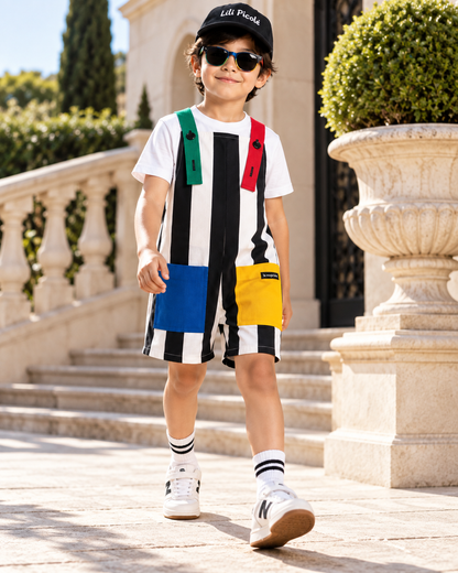 Jardineira Infantil Multicolorida Listras Pretas