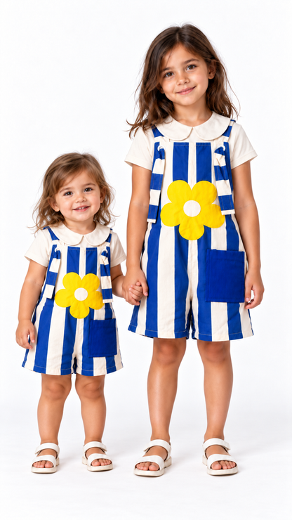 Jardineira Infantil Listras Azul e Flor Amarela