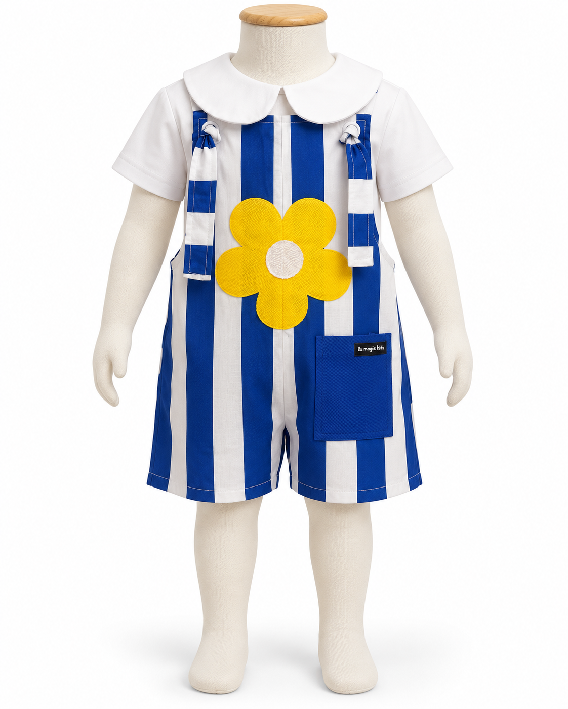 Jardineira Infantil Listras Azul e Flor Amarela