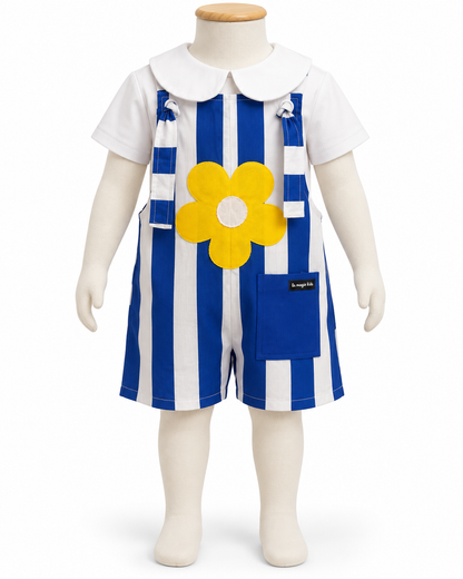 Jardineira Infantil Listras Azul e Flor Amarela