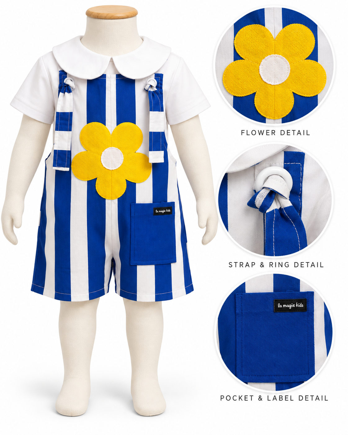 Jardineira Infantil Listras Azul e Flor Amarela