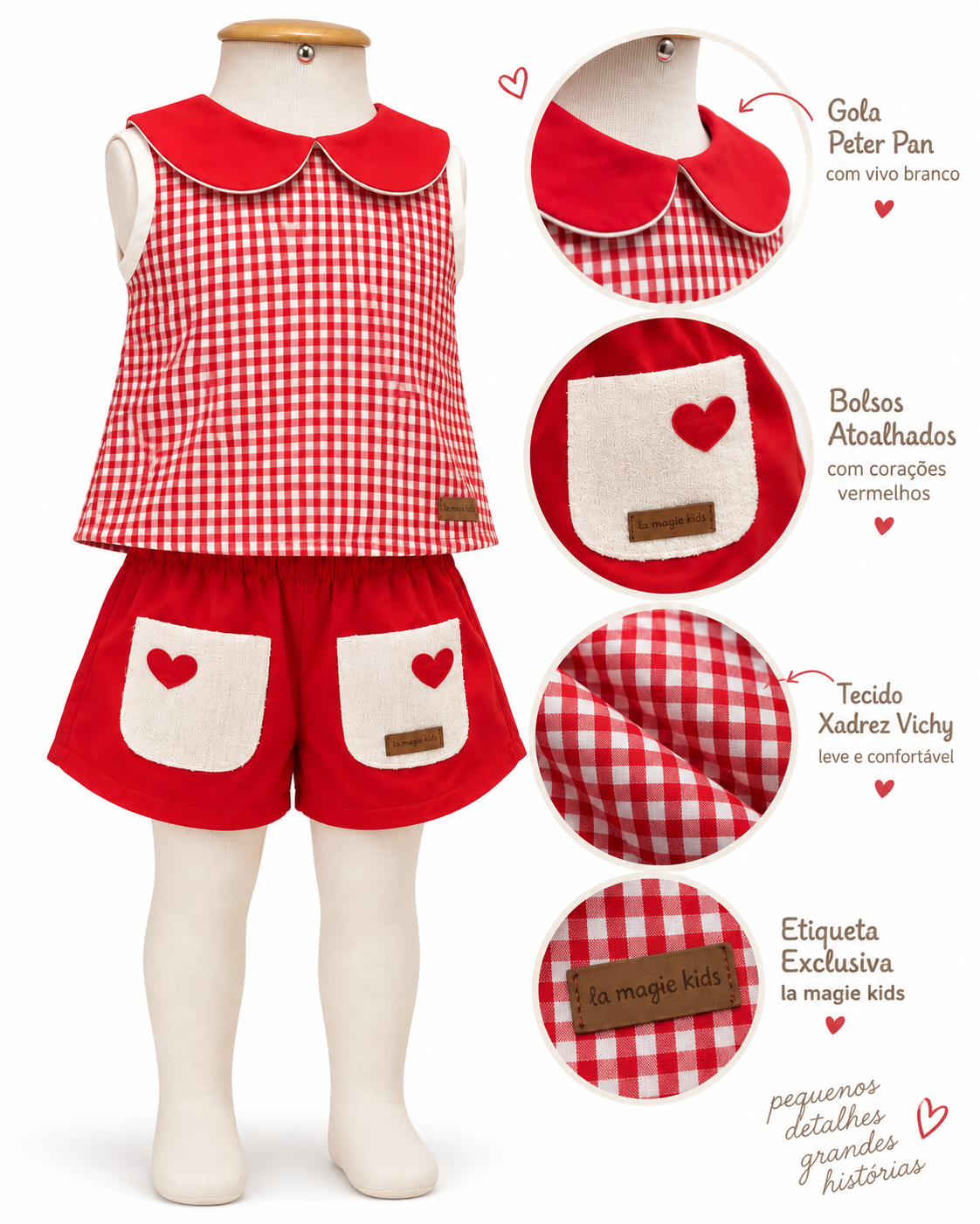 Conjunto Infantil Xadrez Vicky Shorts Vermelho