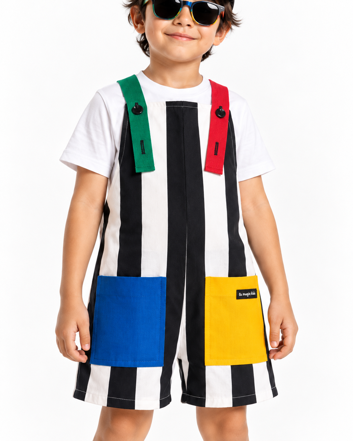 Jardineira Infantil Multicolorida Listras Pretas