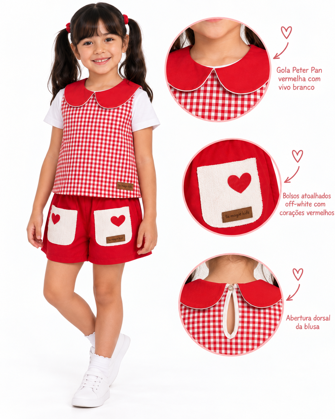 Conjunto Infantil Xadrez Vicky Shorts Vermelho
