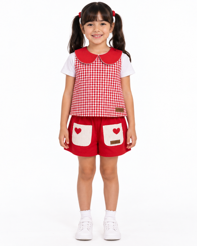 Conjunto Infantil Xadrez Vicky Shorts Vermelho