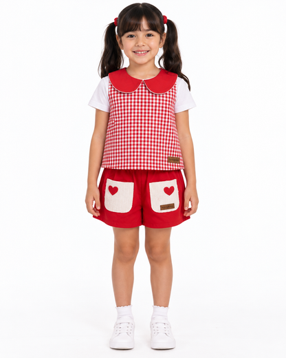 Conjunto Infantil Xadrez Vicky Shorts Vermelho