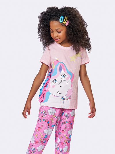 Pijama Infantil Unicórnio Rosa Manga Curta | Lili Picolé
