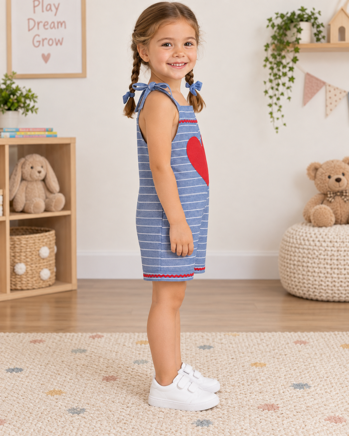 Macacão Infantil Blue Jeans Coração Vermelho | Lili Picolé