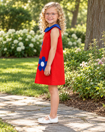 Vestido Infantil Vermelho Flores Azuis | Lili Picolé