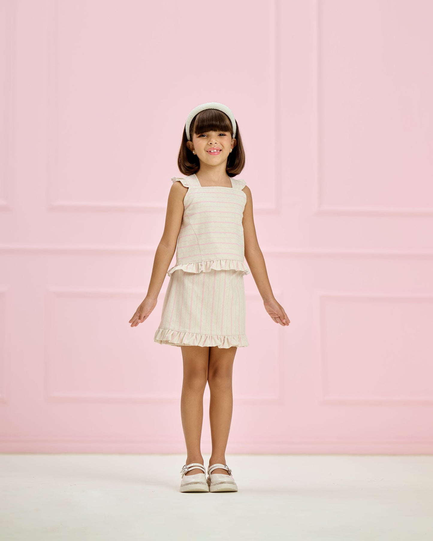 Conjunto Infantil Listrado Rosa Shorts-Saia | Lili Picolé