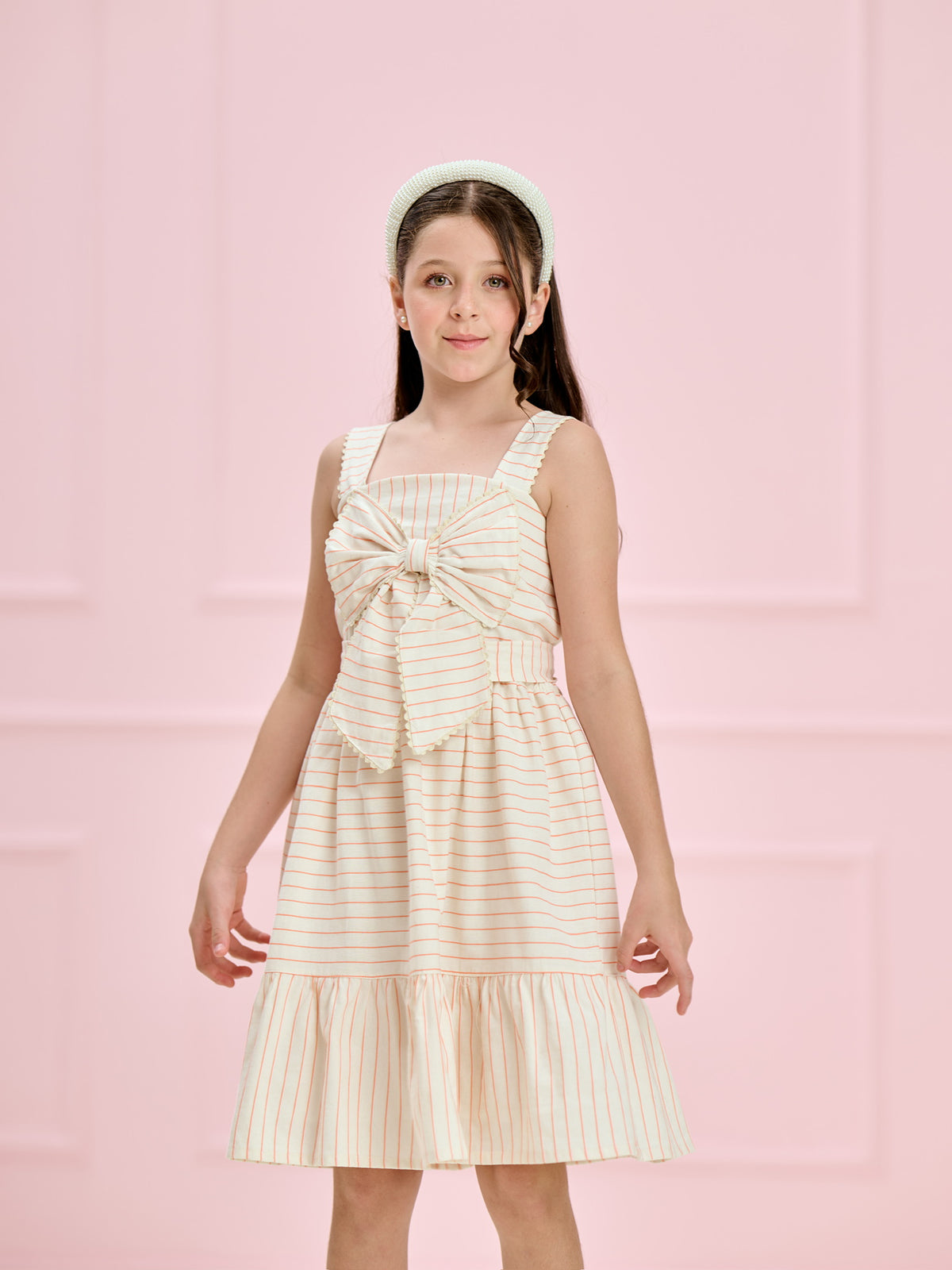 Vestido Infantil Listrado Rosé com Laço | Lili Picolé