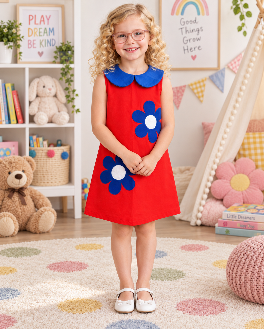 Vestido Infantil Vermelho Flores Azuis | Lili Picolé
