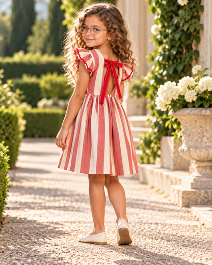 Vestido Infantil Franzido Listras Vermelhas | Lili Picolé