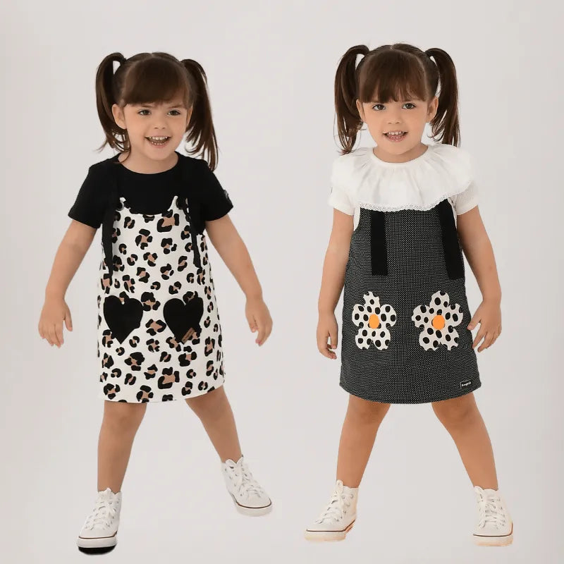 Vestido Jardineira Dupla Face Moletom Onça e Poá | Lili Picolé