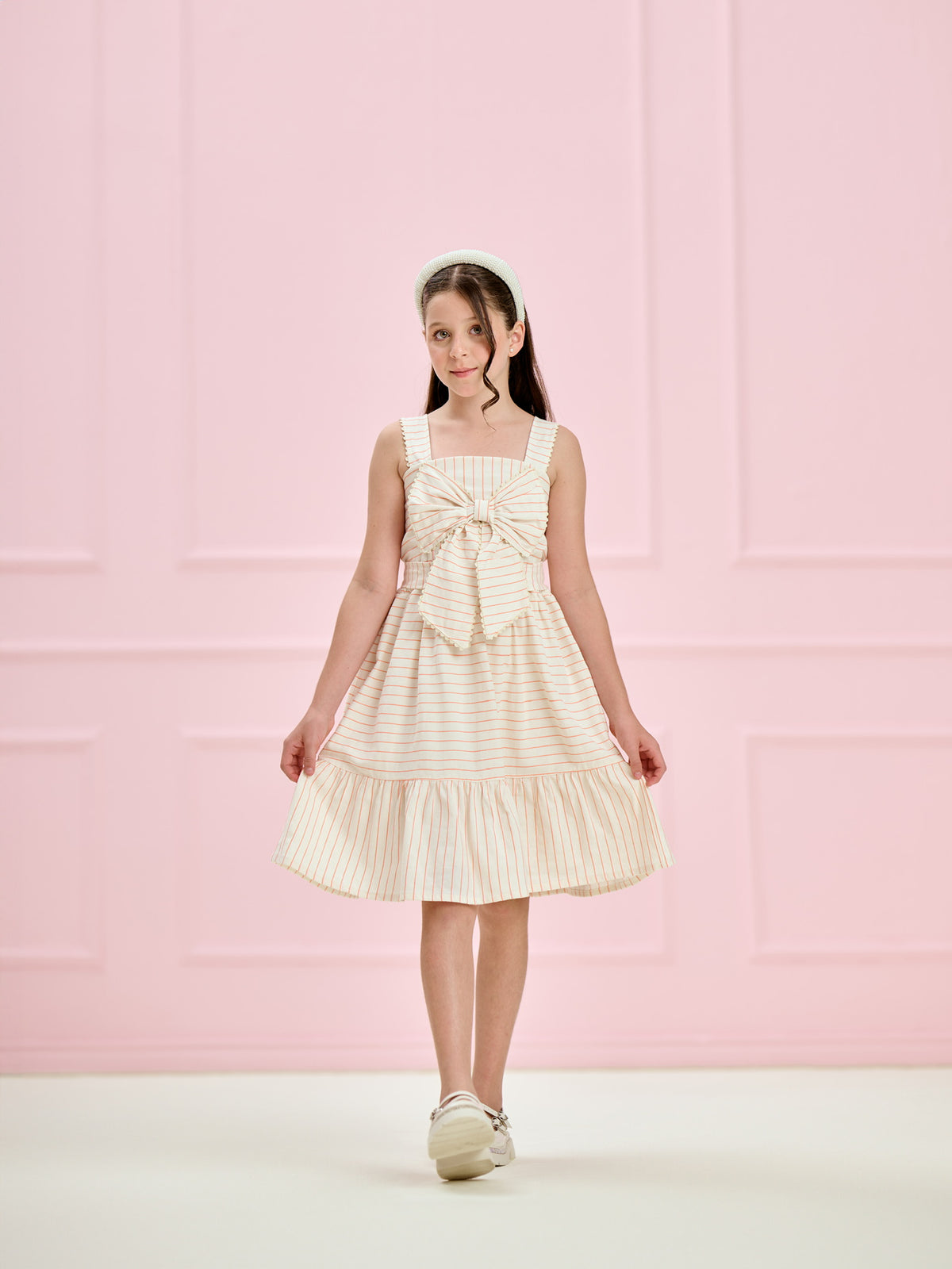 Vestido Infantil Listrado Rosé com Laço | Lili Picolé