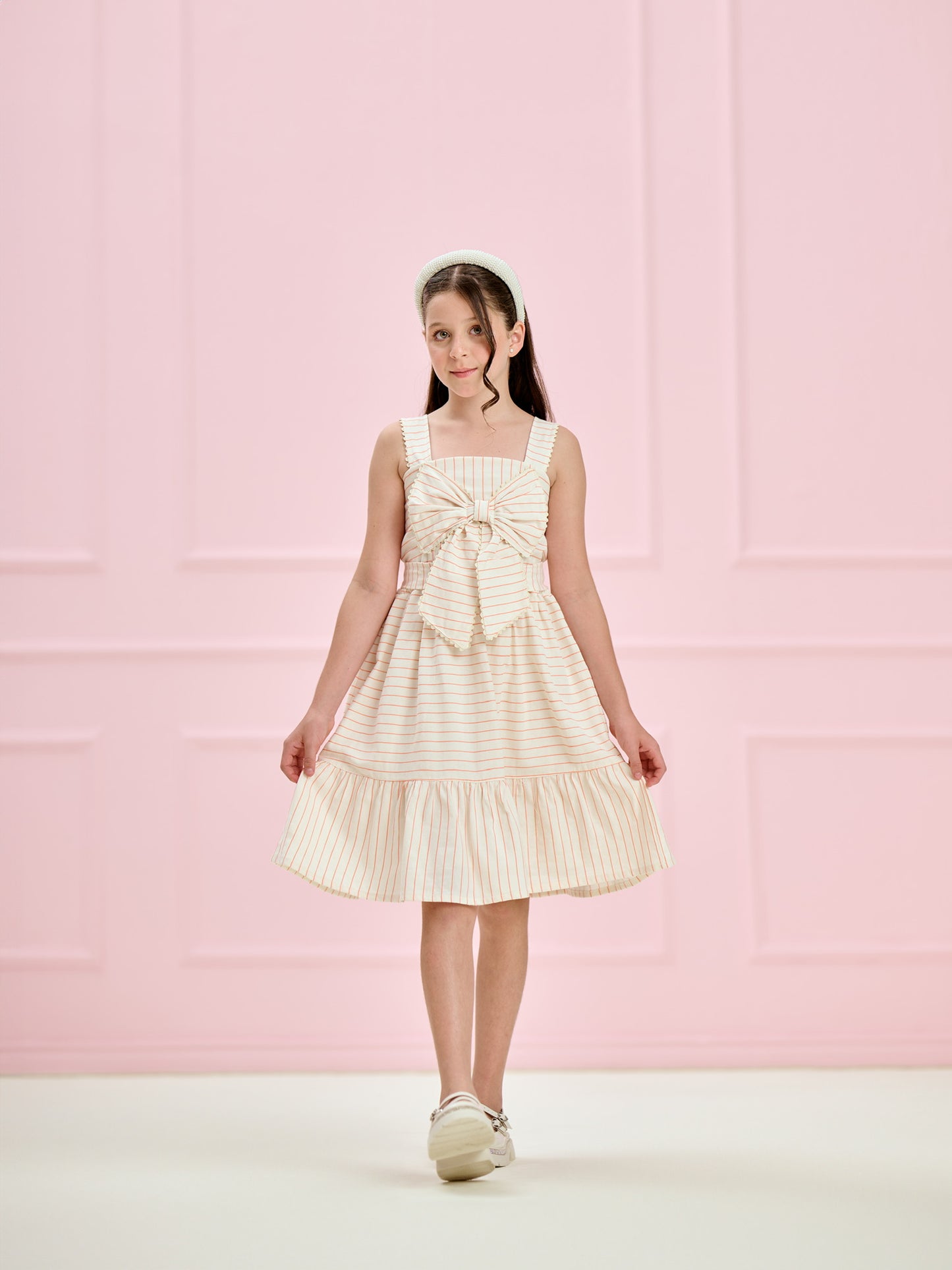 Vestido Infantil Listrado Rosé com Laço | Lili Picolé
