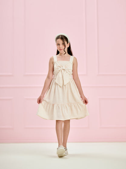 Vestido Infantil Listrado Rosé com Laço | Lili Picolé