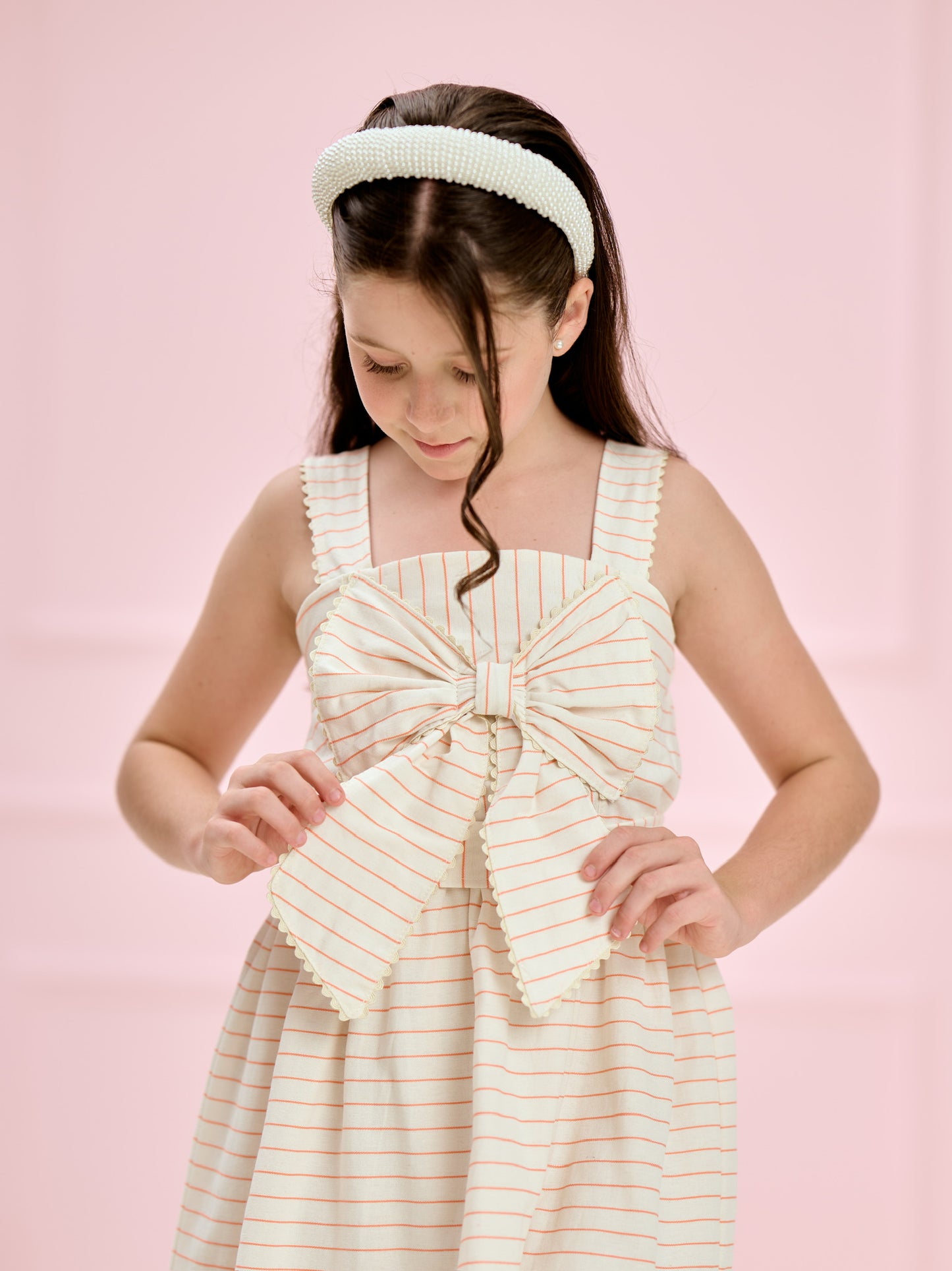 Vestido Infantil Listrado Rosé com Laço | Lili Picolé