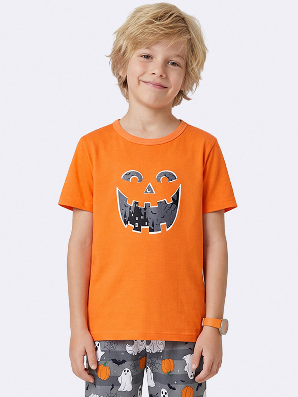 Pijama Infantil Halloween Camiseta e Calça Menino, detalhe da estampa de abóbora